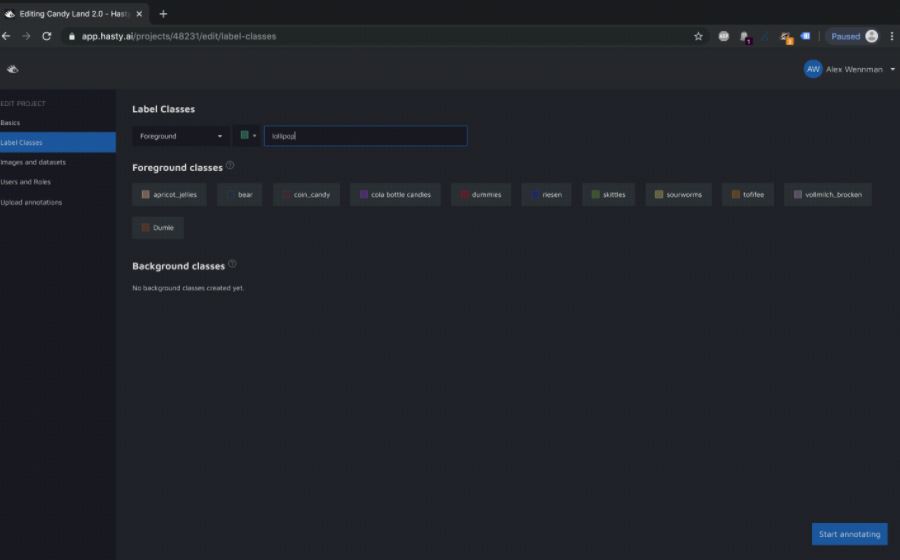 Hasty screenshot: Hasty label classes