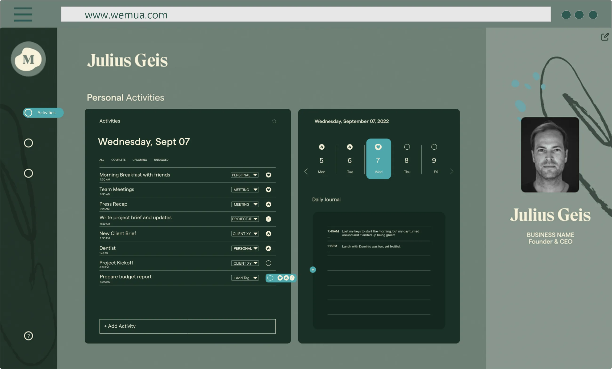 MUA screenshot: "My Activity" page is the central hub of our software; including: Daily Activity tracking, Daily Journal and Day Rating