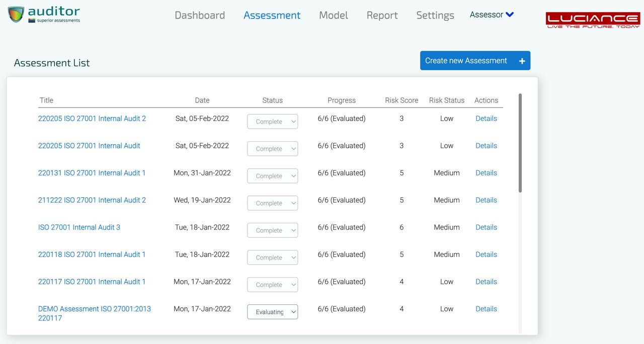 Auditor - Internal Assessment List - Screenshot