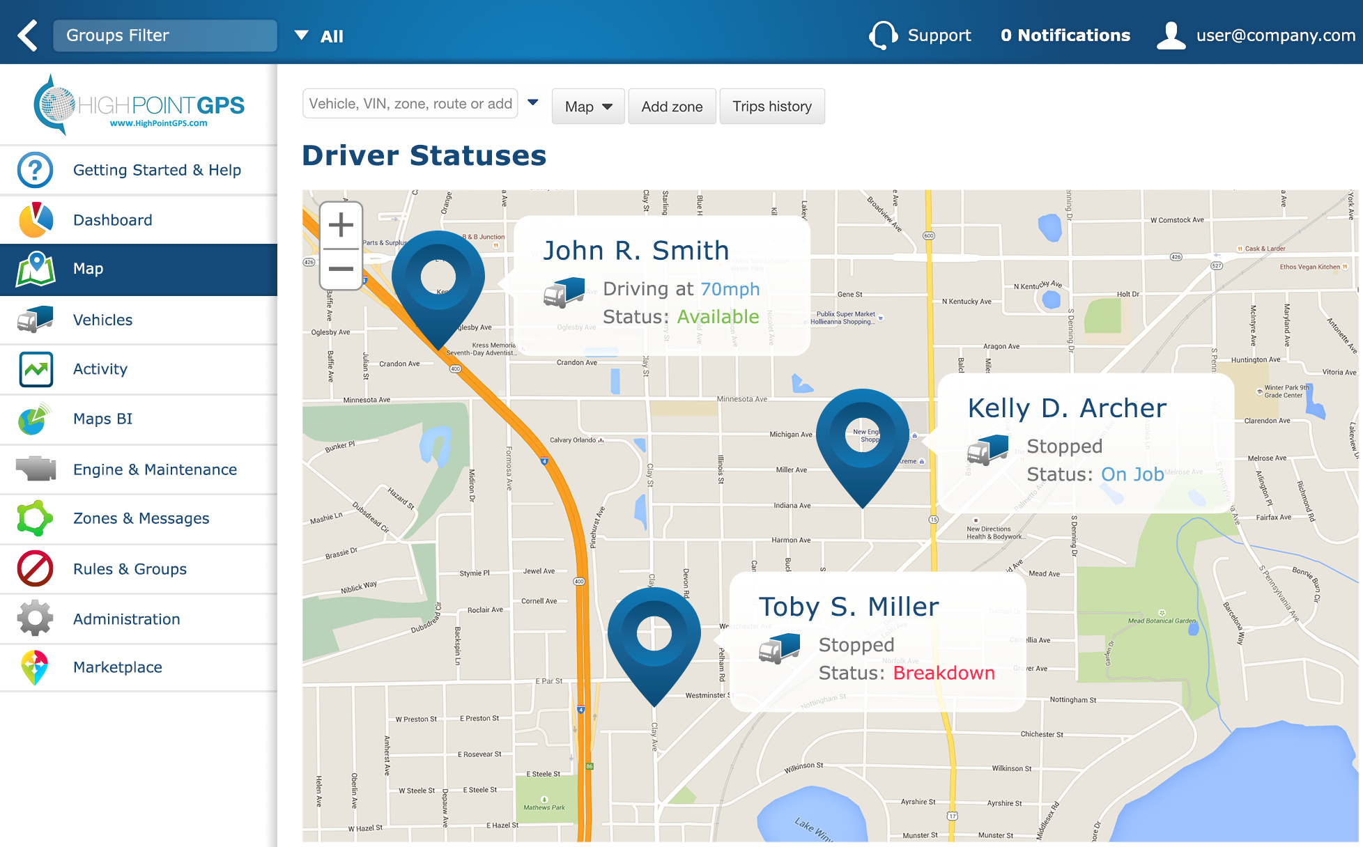 Fleet GPS tracking by High Point GPS driver status