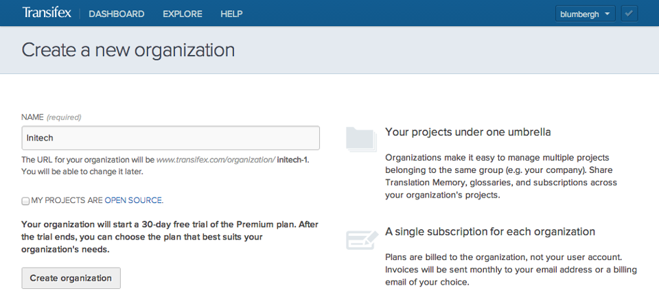 Transifex Software - Creating a new organization on Transifex