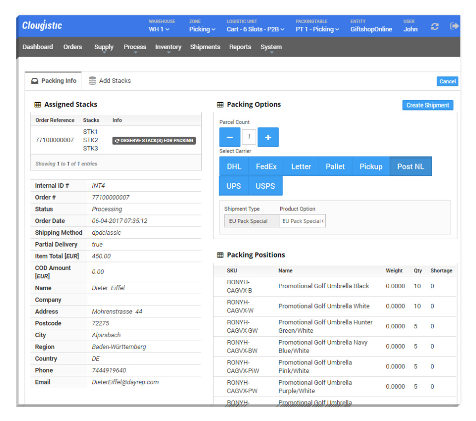 Clougistic Software - A packing info tab includes assigned stacks information, packing options and packing positions