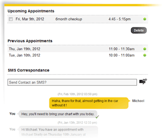 YellowSchedule screenshot: YellowSchedule's appointment history & client communications record