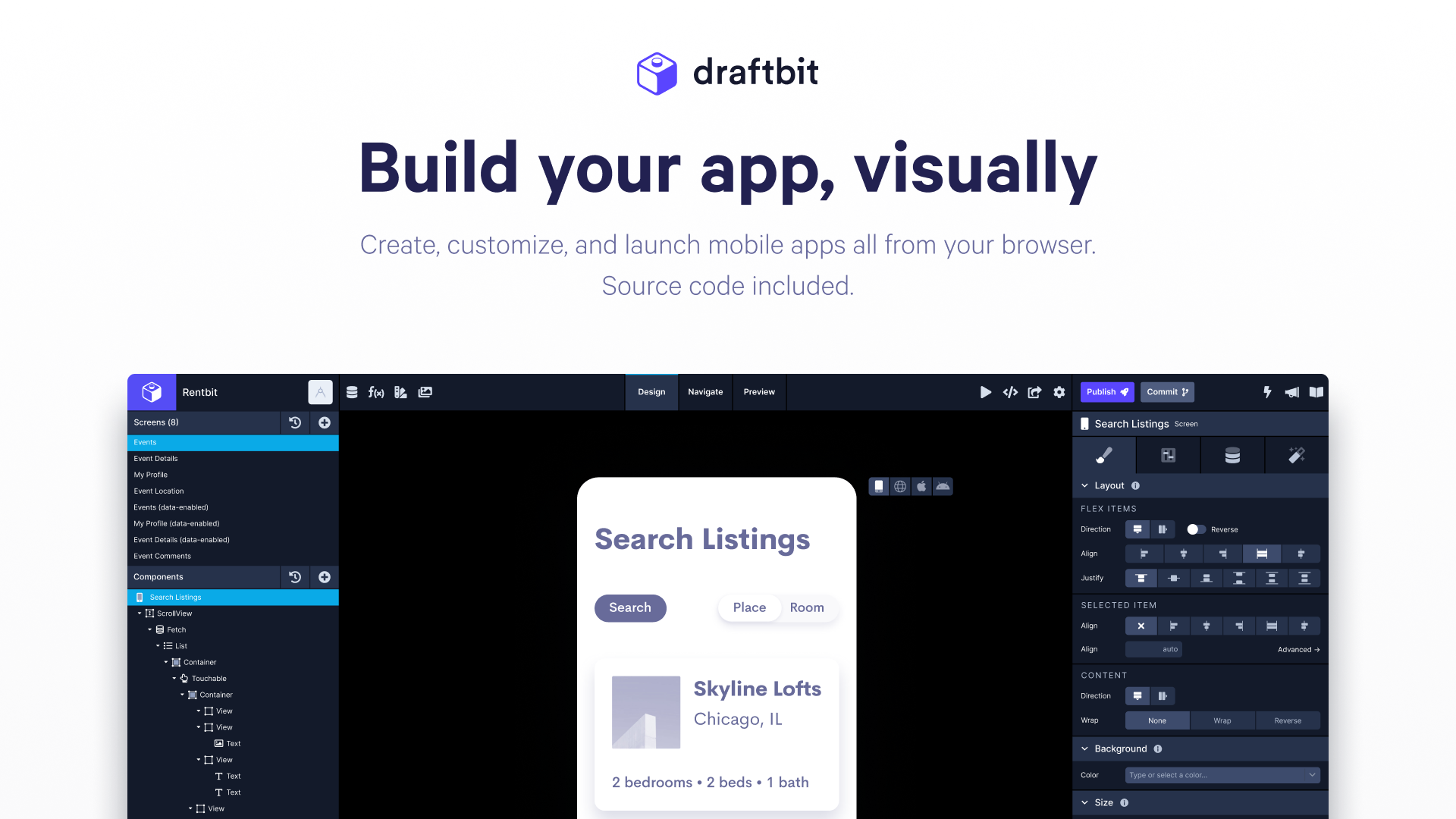 Build your app visually. Create, customize, and launch mobile apps from your browser. Source code included.
