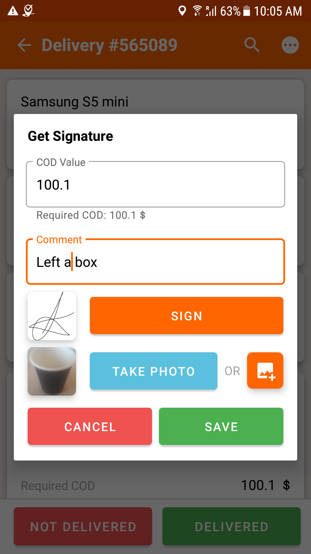 The delivery app gives you possible to write a note