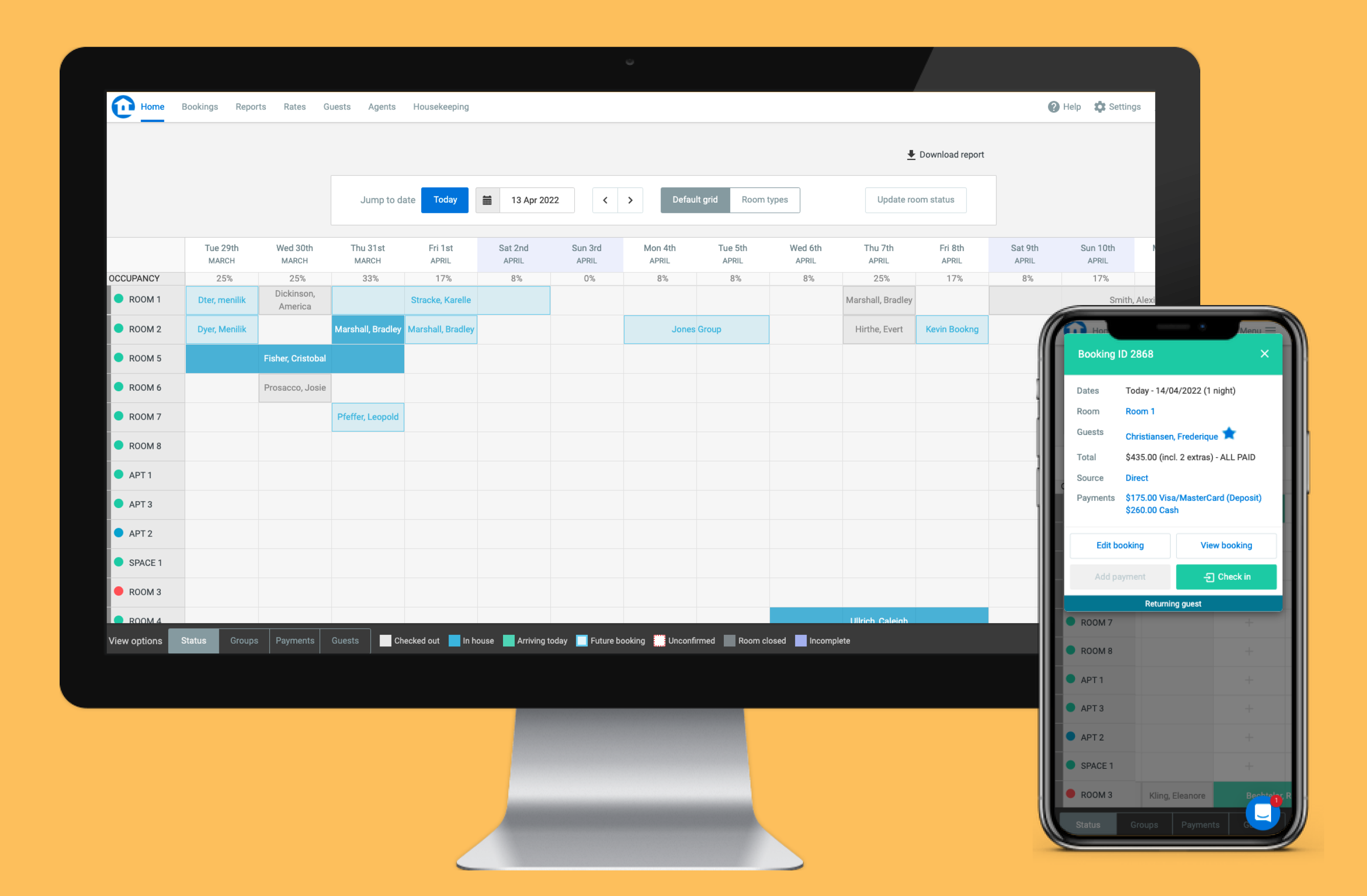 Preno's Property Management Software | Have access to all of your guest bookings on one page. Easily switch between different views to see check-ins, unpaid invoices, returning guests and more.