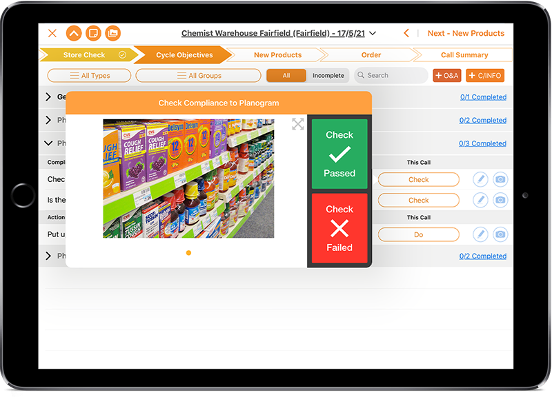 Sales reps and sales managers are able to easily check and capture store compliance. They can also capture distribution to assist in identifying gaps to use for up-selling and reporting.