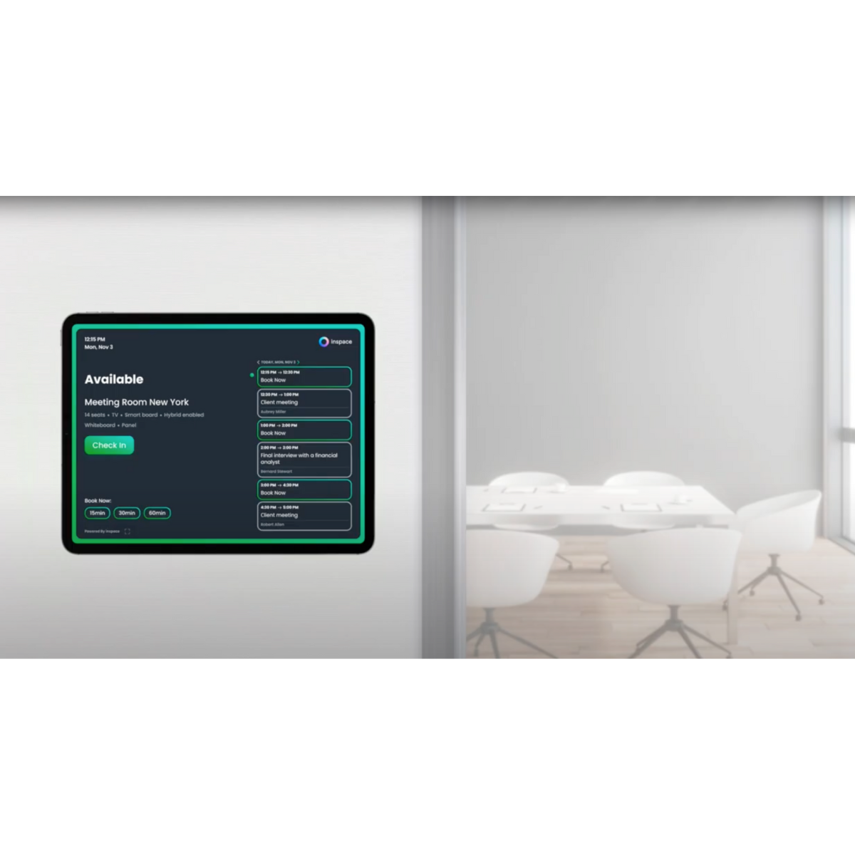 Hardware agnostic meeting room screen options give you the flexibility to use whatever hardware you prefer.  inspace does not require any hardware . Room booking can also be reserved in the inspace app or through any internet browser.