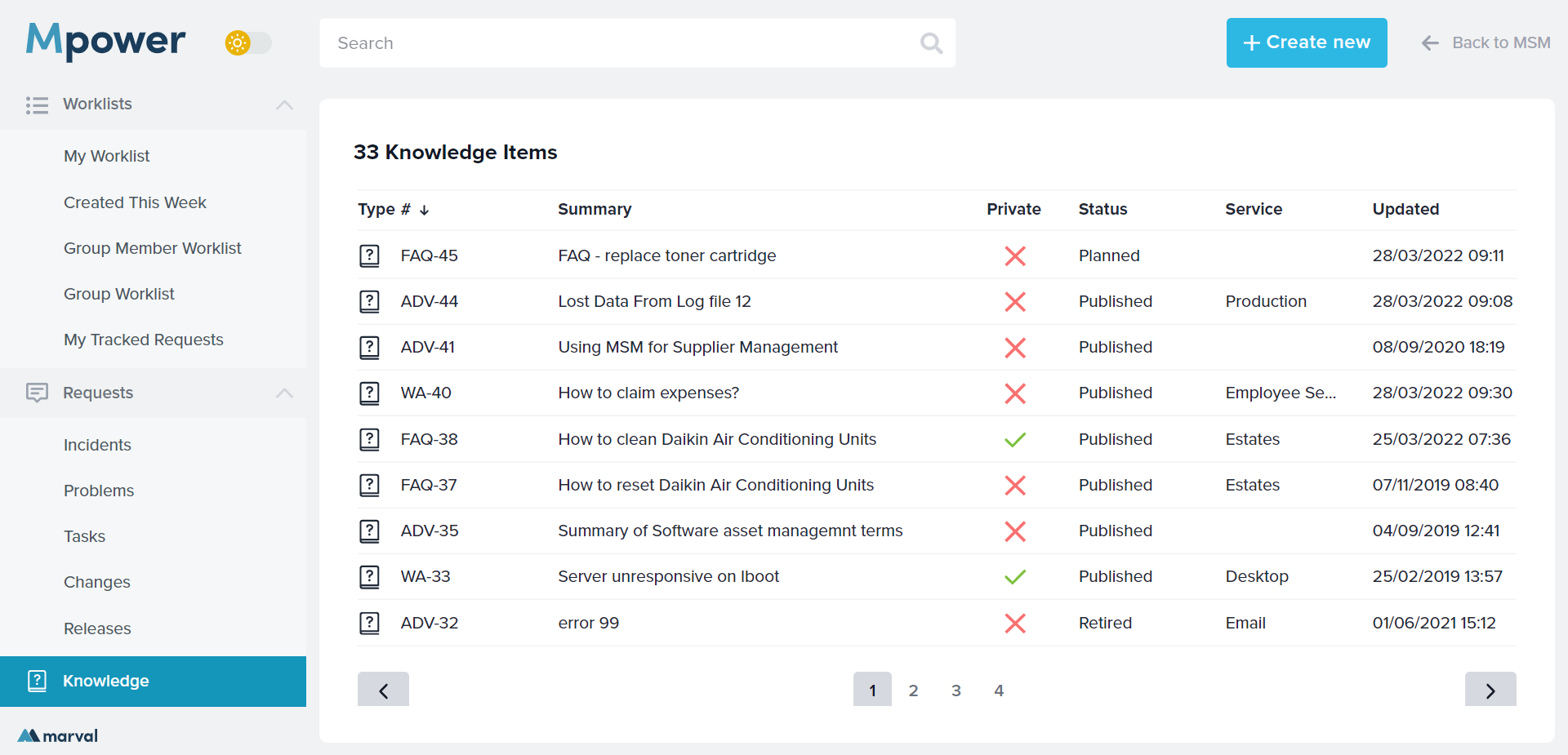 Marval ITSM new interface knowledge items Day mode