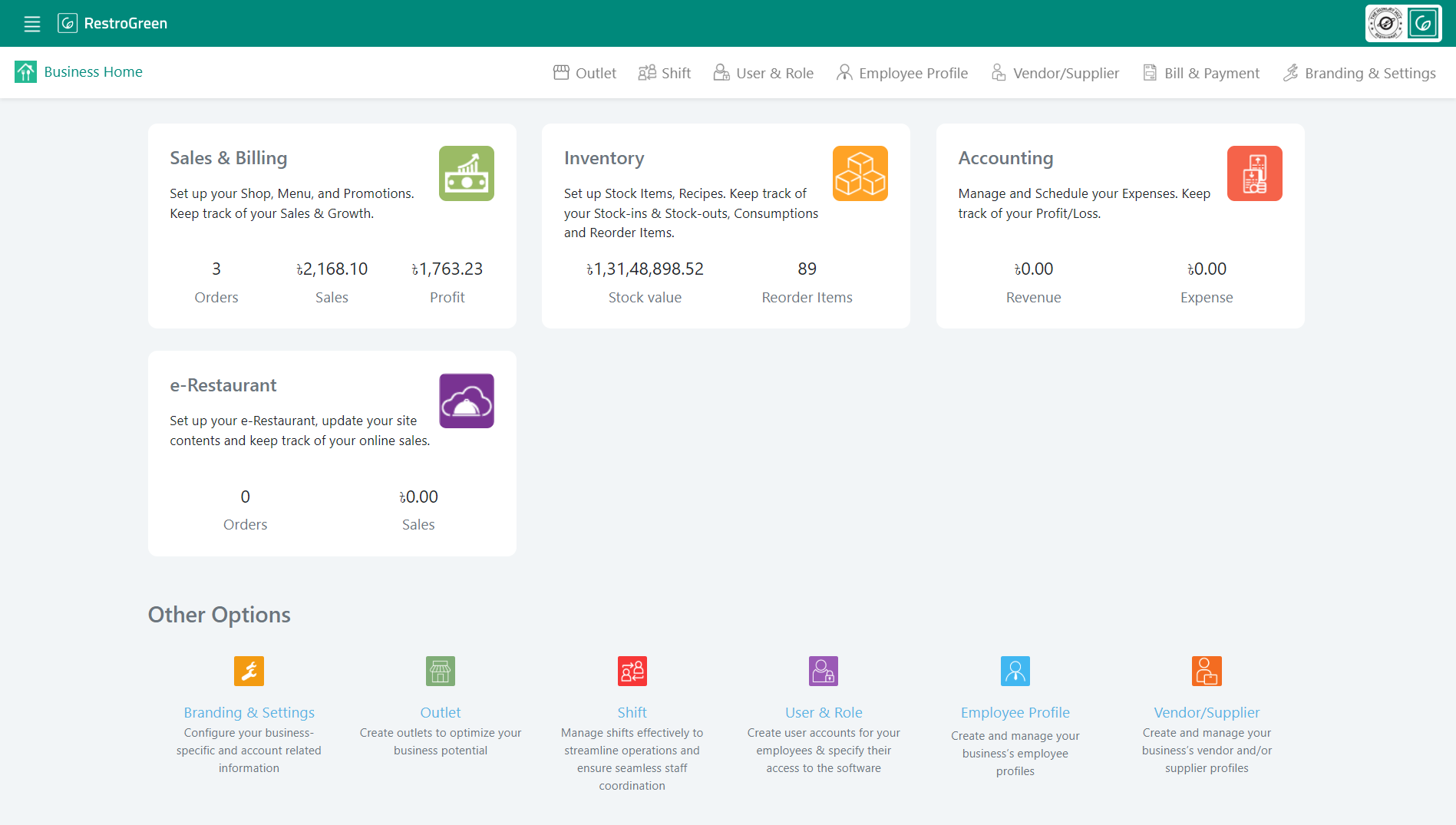 RestroGreen screenshot: This portal includes 5 modules: Business Home (user, employee, vendor setup), Sales & Billing (sales, CRM, kitchen), Inventory (stock, recipe, requisition), Accounting (expenses, reports), and e-Restaurant (domain, delivery, customer check, design).