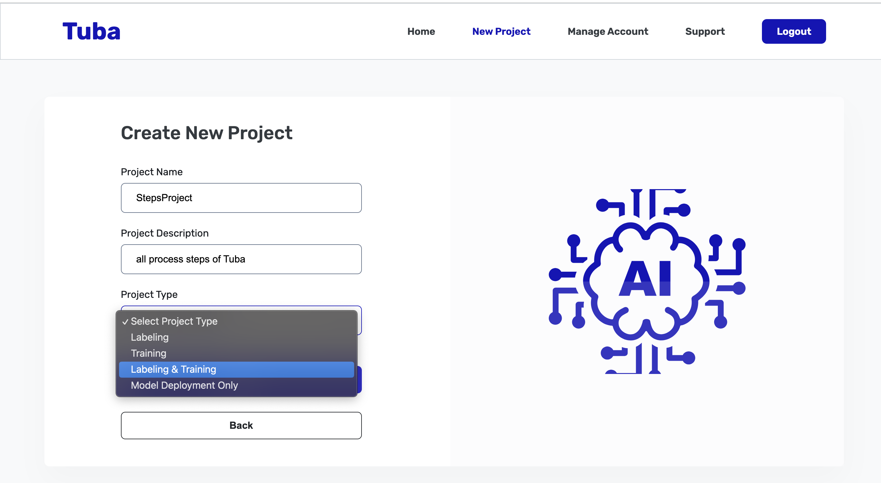 Tuba.ai screenshot: You can create projects easily on Tuba.AI, by selecting the desired project-type (labelling, training, labelling & training, deployment), and including the name and a description about the project. 
