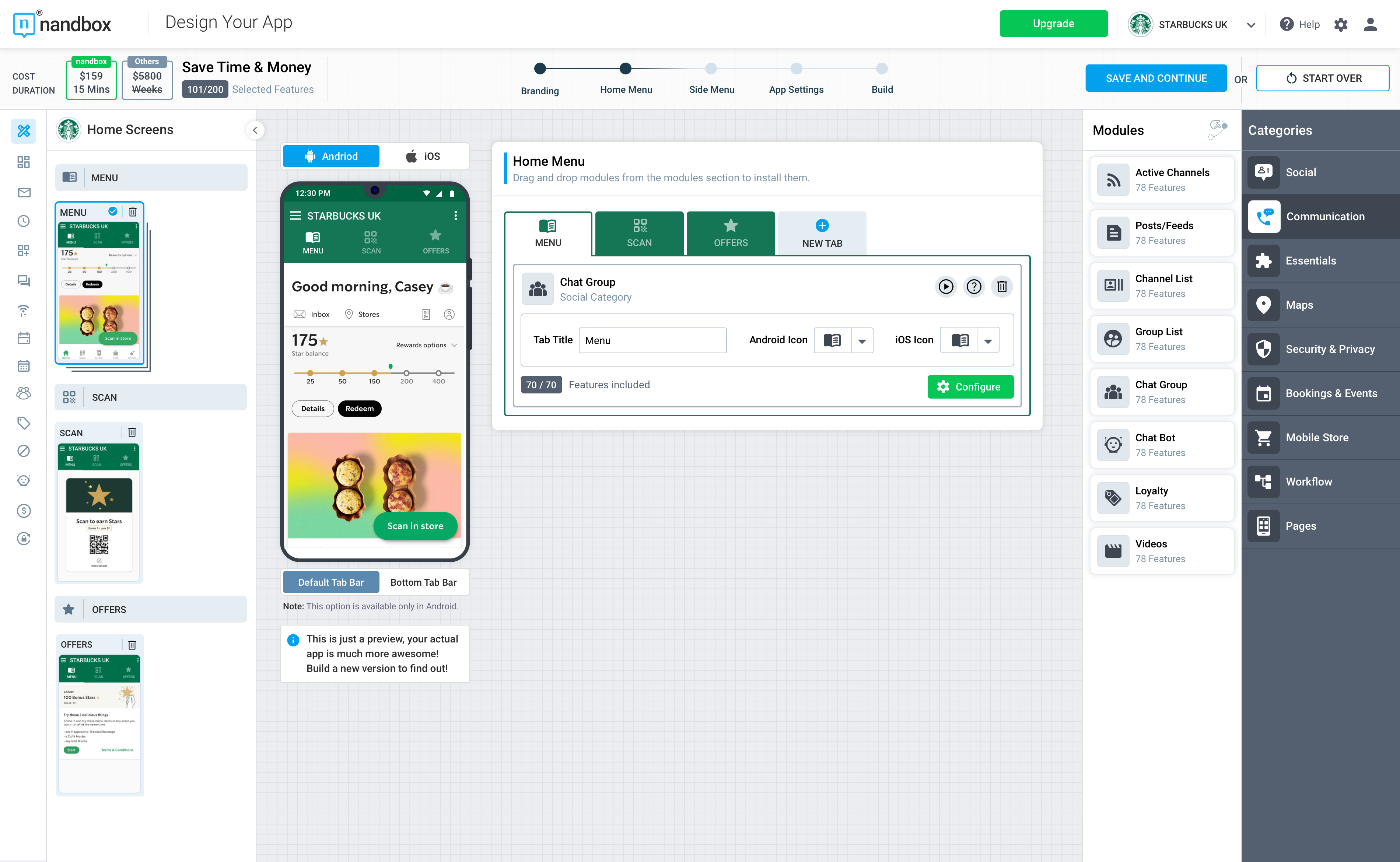 nandbox screenshot: The home menu is the main section for configuring the app, where you can add, modify, and delete modules.