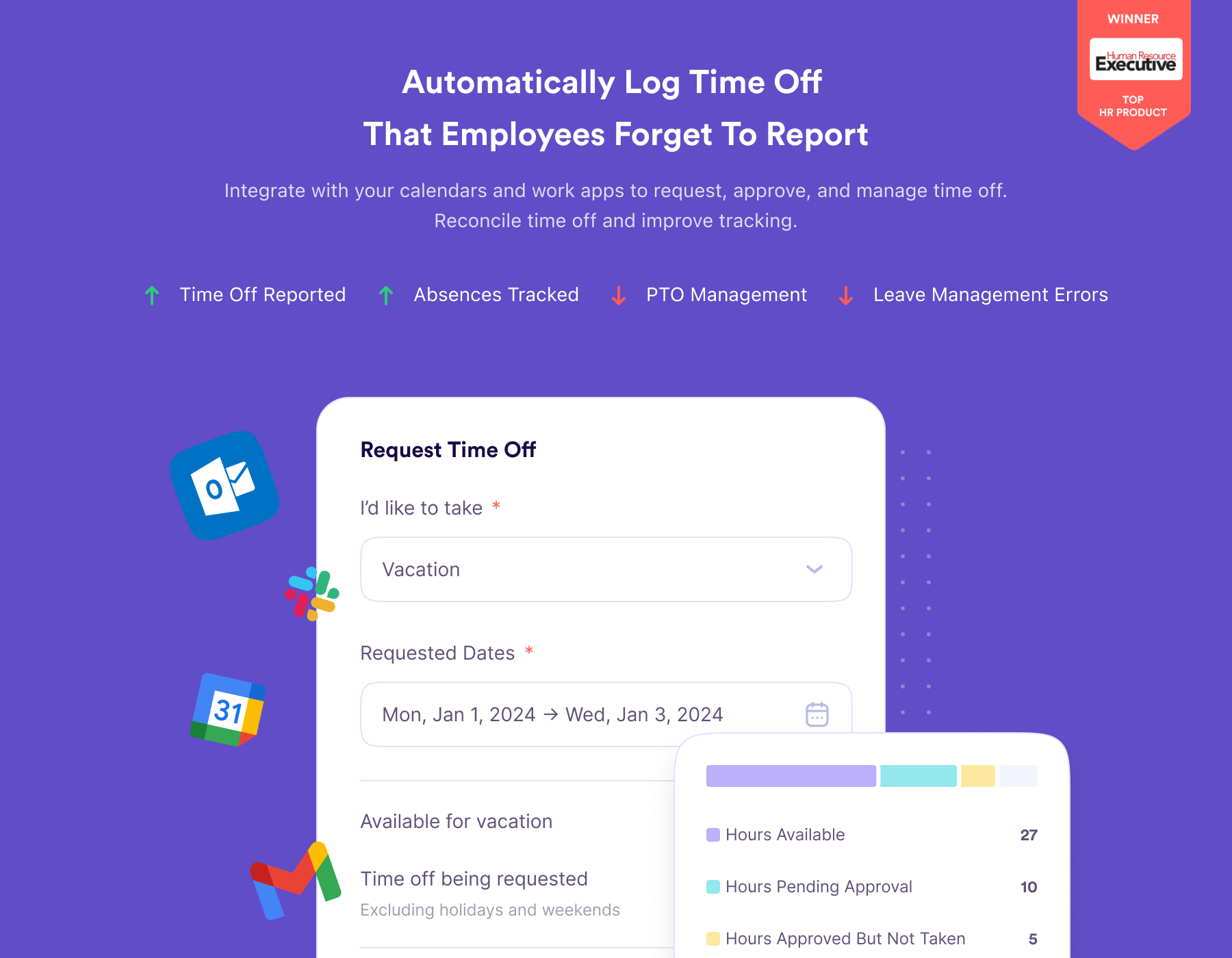 Spend less time chasing down managers about their employee’s absences by identifying unreported time off in email, chat, and calendars. Integrate with your calendars and work apps to request, approve, and manage time off where employees already work.
