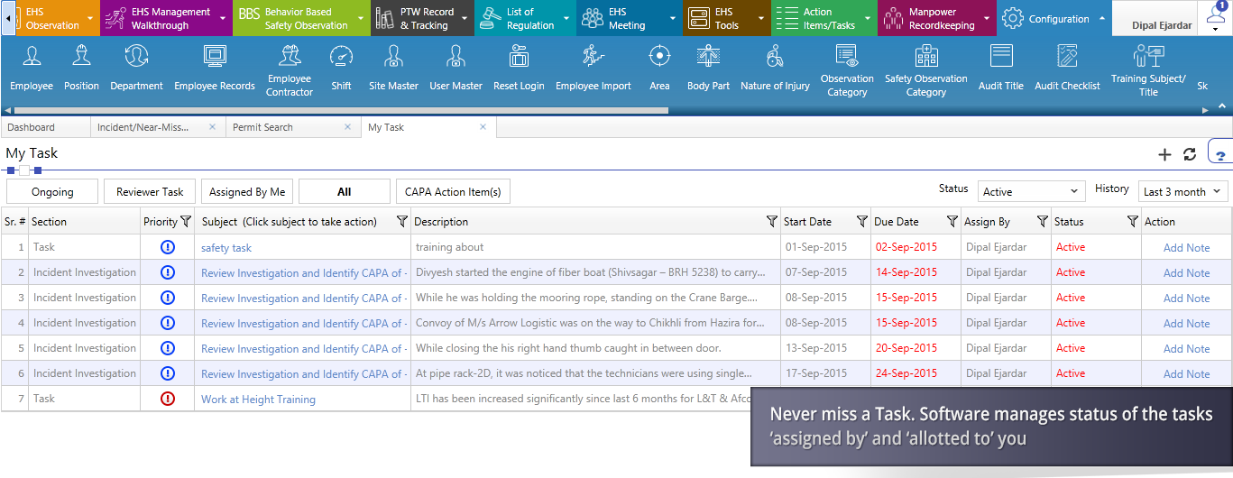 Tasks can be assigned to users and viewed by assignees within the task management module