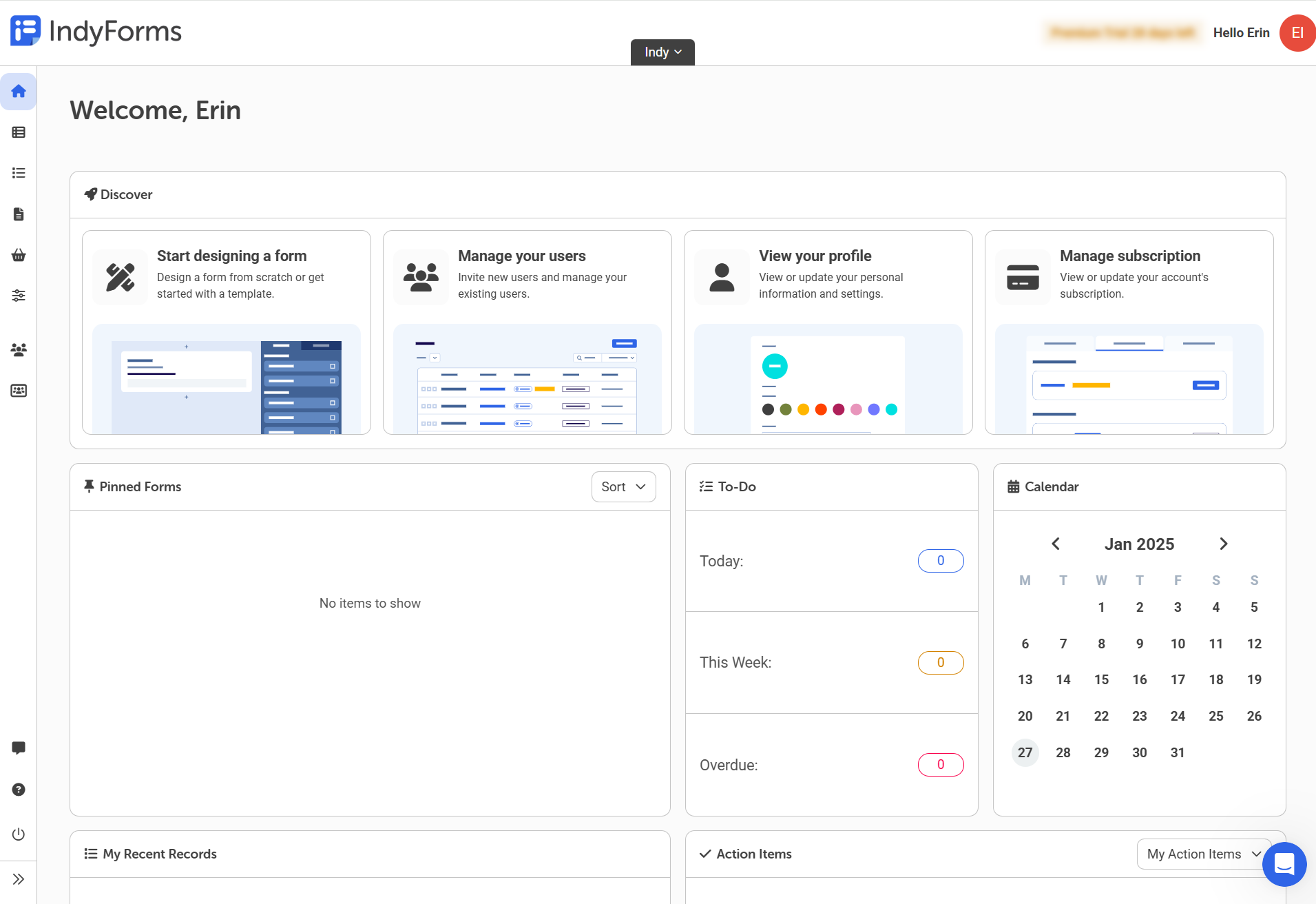 IndyForms screenshot: The IndyForms' Dashboard.