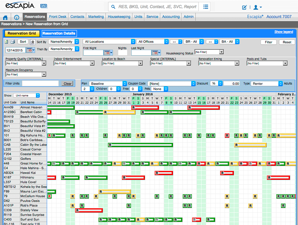 Escapia Software - Users can view reservations for all of their properties in a centralized calendar in Escapia