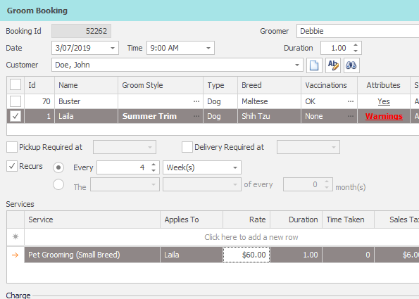 PetLinx Software - Quickly create grooming bookings with multiple service and charging options. Auto-create future bookings based on customer visit recurrence periods.