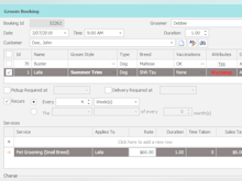 PetLinx Software - Quickly create grooming bookings with multiple service and charging options.  Auto-create future bookings based on customer visit recurrence periods.