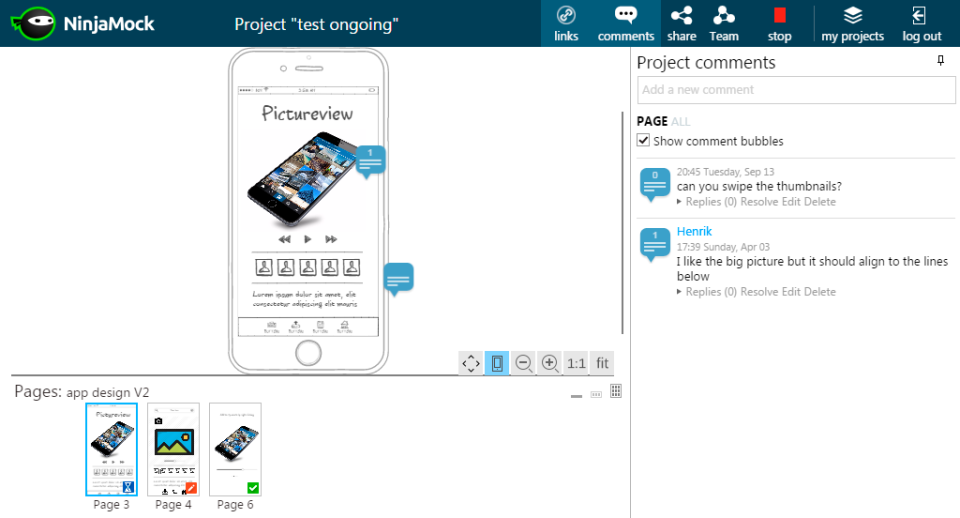 NinjaMock Software - Users can share their projects with anyone, and collect feedback in the form of comments
