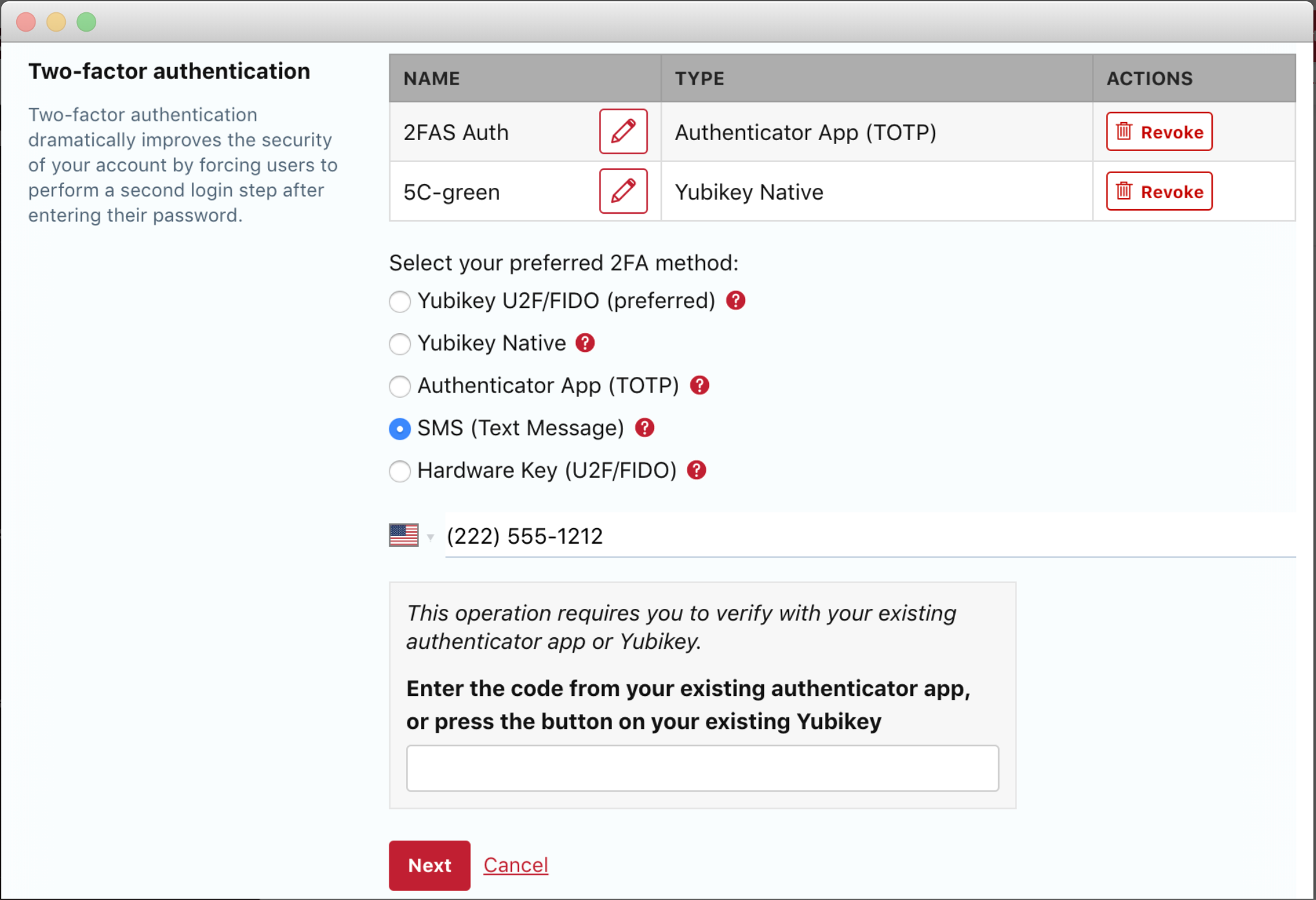 Two factor authentication setup page