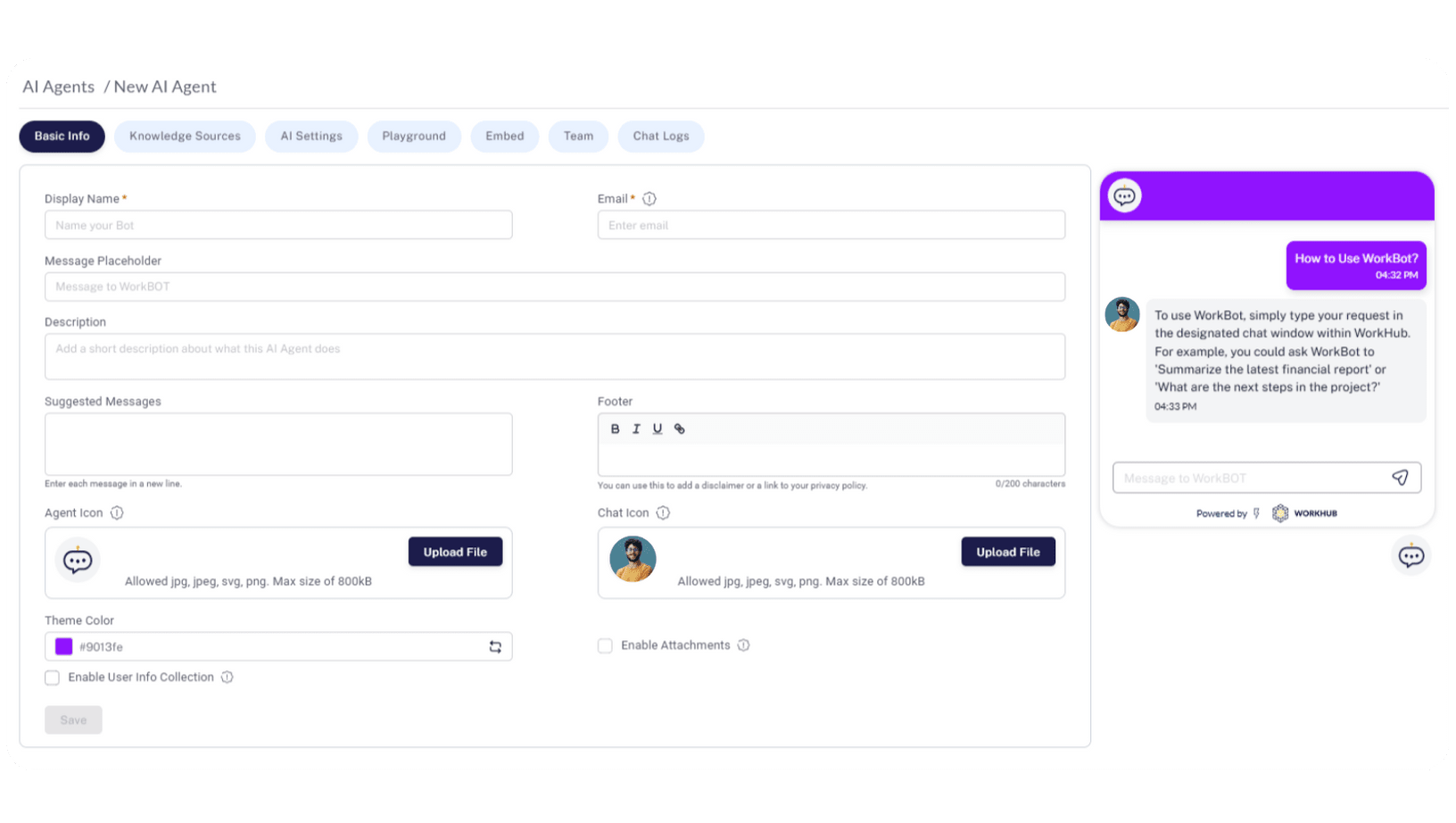 WorkBot screenshot: WorkBot chatbot setting