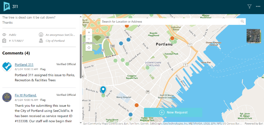 CivicPlus SeeClickFix 311 CRM screenshot: 311 CRM Website Portal, Public Requests, Esri Mapping 