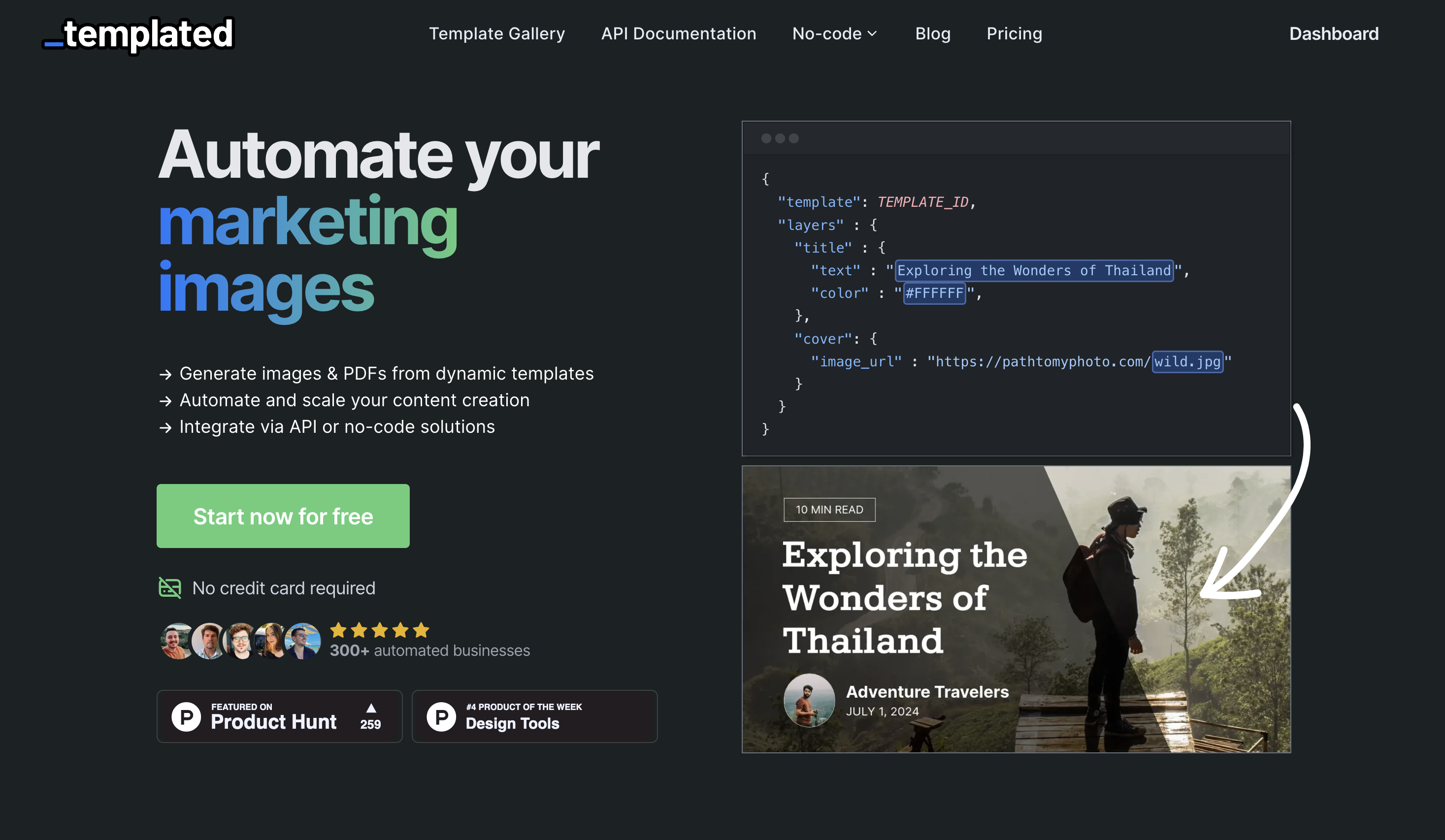Templated screenshot: Automate marketing, ad creatives, social media posts, banners, PDFs and more.