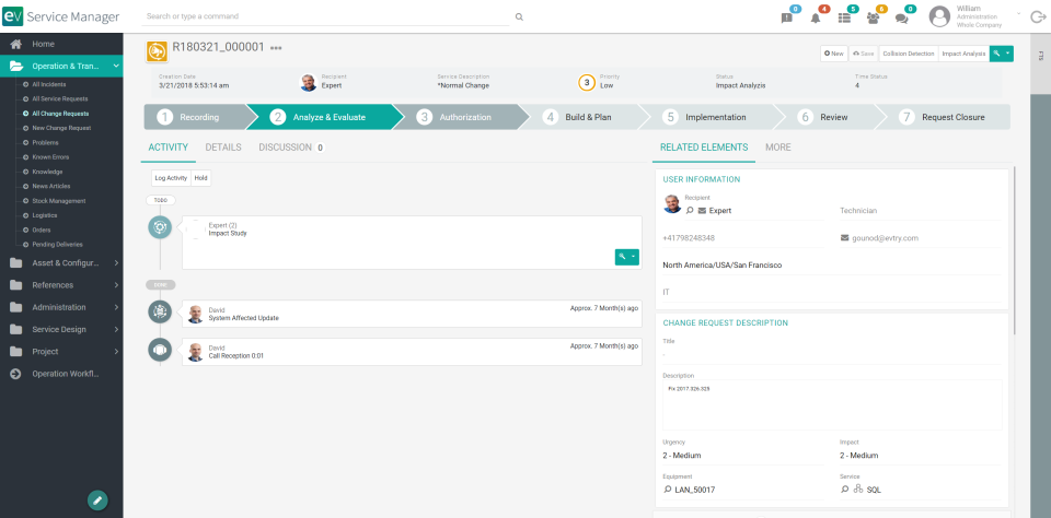 EV Service Manager screenshot: EV Service Manager change requests