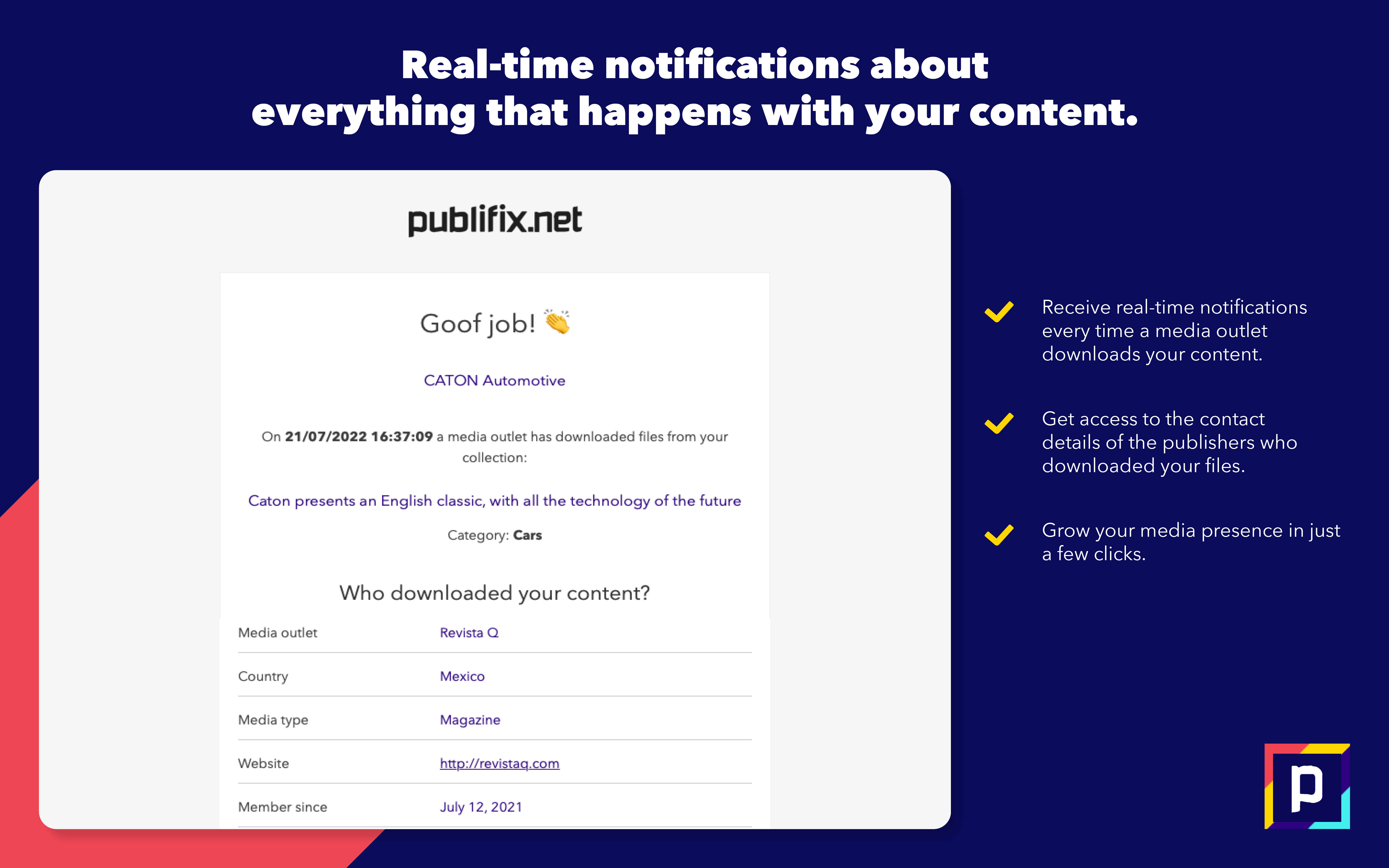 Receive real-time notifications every time a media outlet downloads your content
