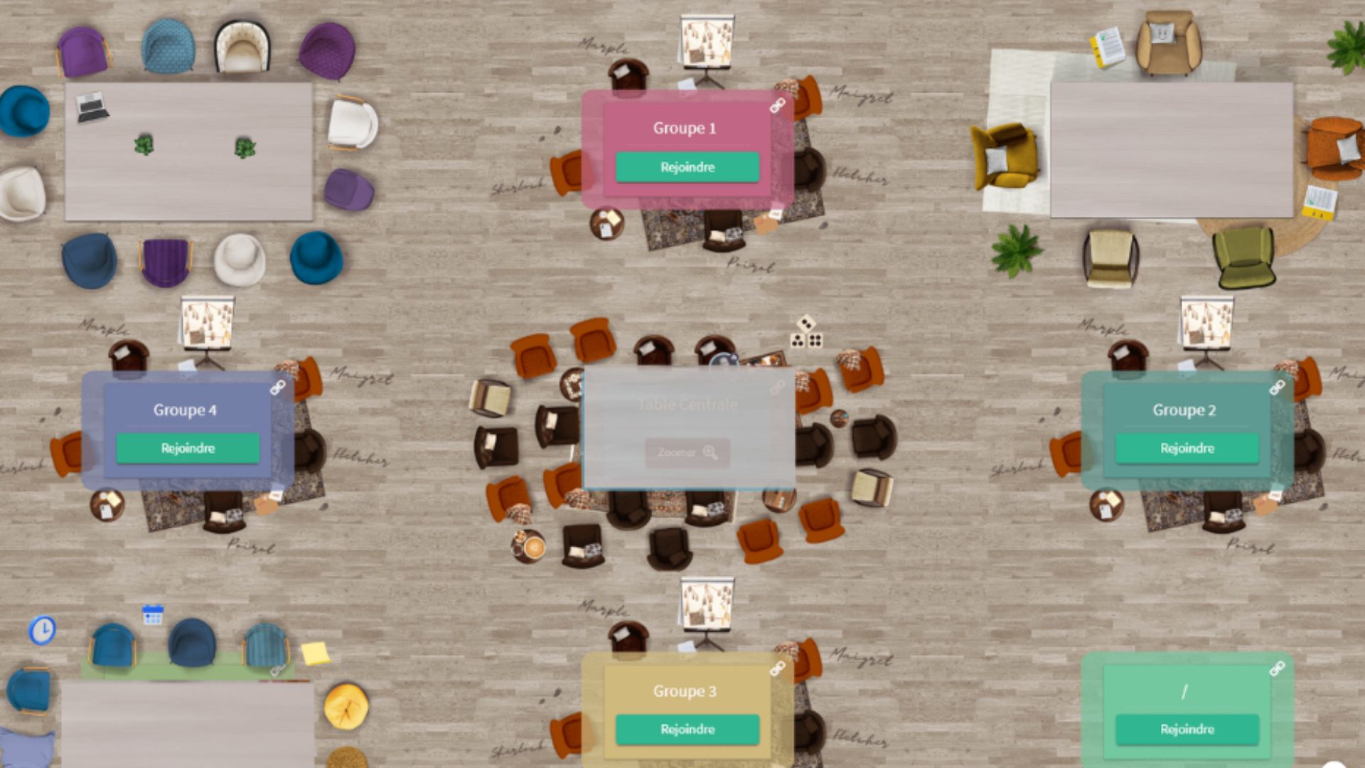 glowbl screenshot: A persistent, customizable 9-table space that creates a convivial environment for co-learning and project continuity. Participants find visual cues easily, while facilitators can instantly monitor all sub-groups. Can host up to 300 people.
