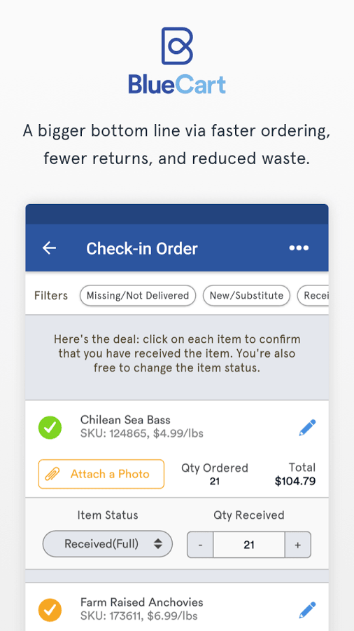 BlueCart Software - Orders can be checked-in using the mobile app