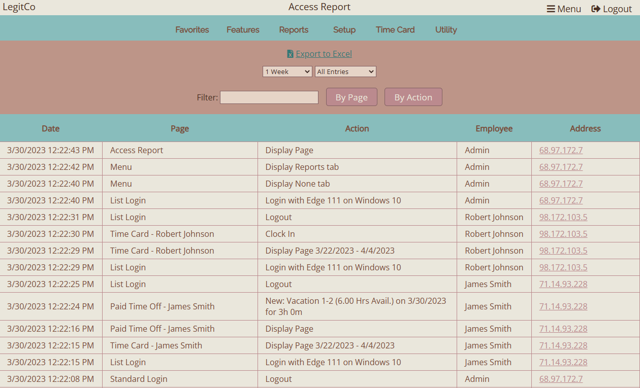 Easy Time Clock Software - Access Report View