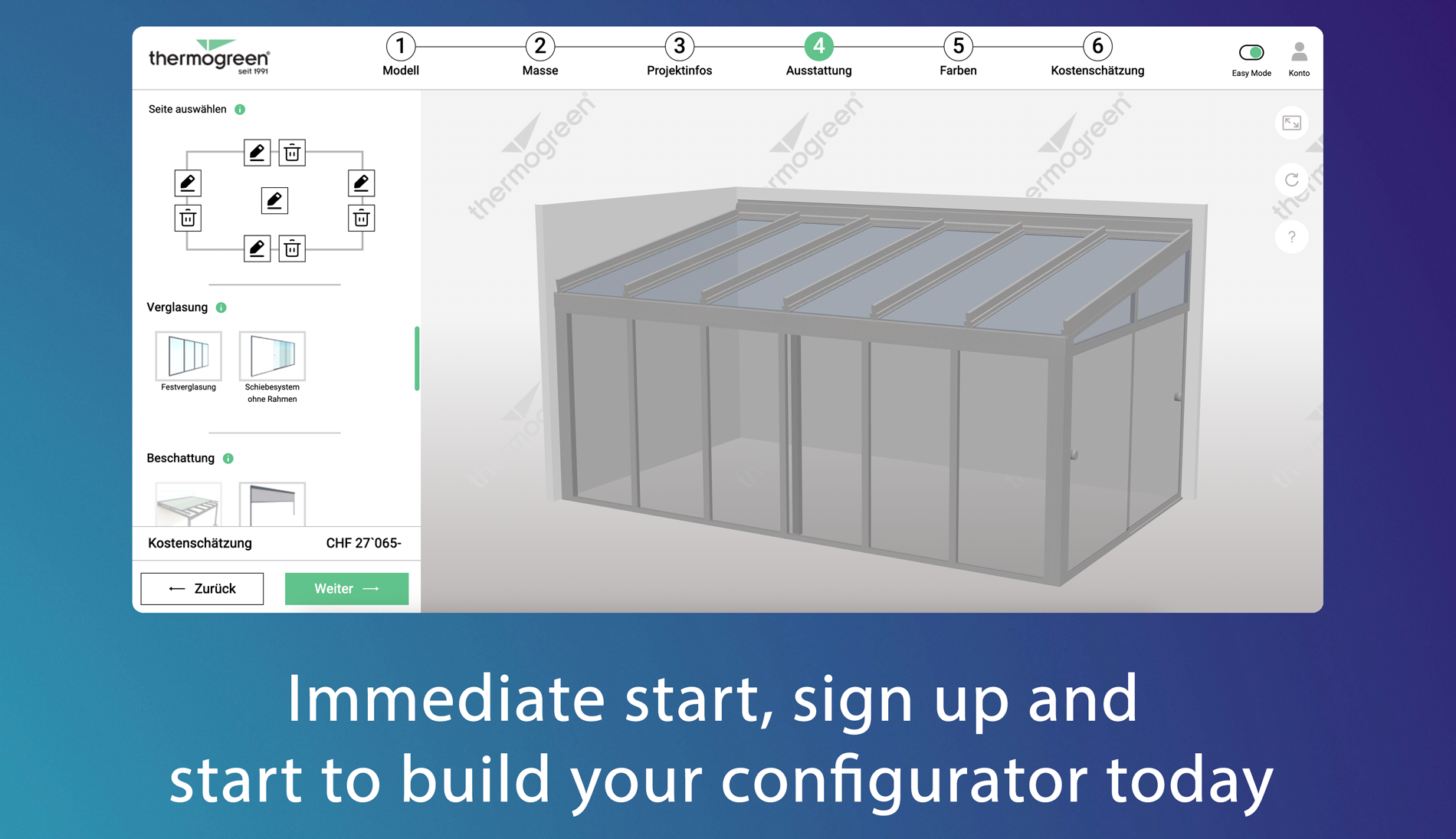 Immediate start, sign up and start to build your configurator