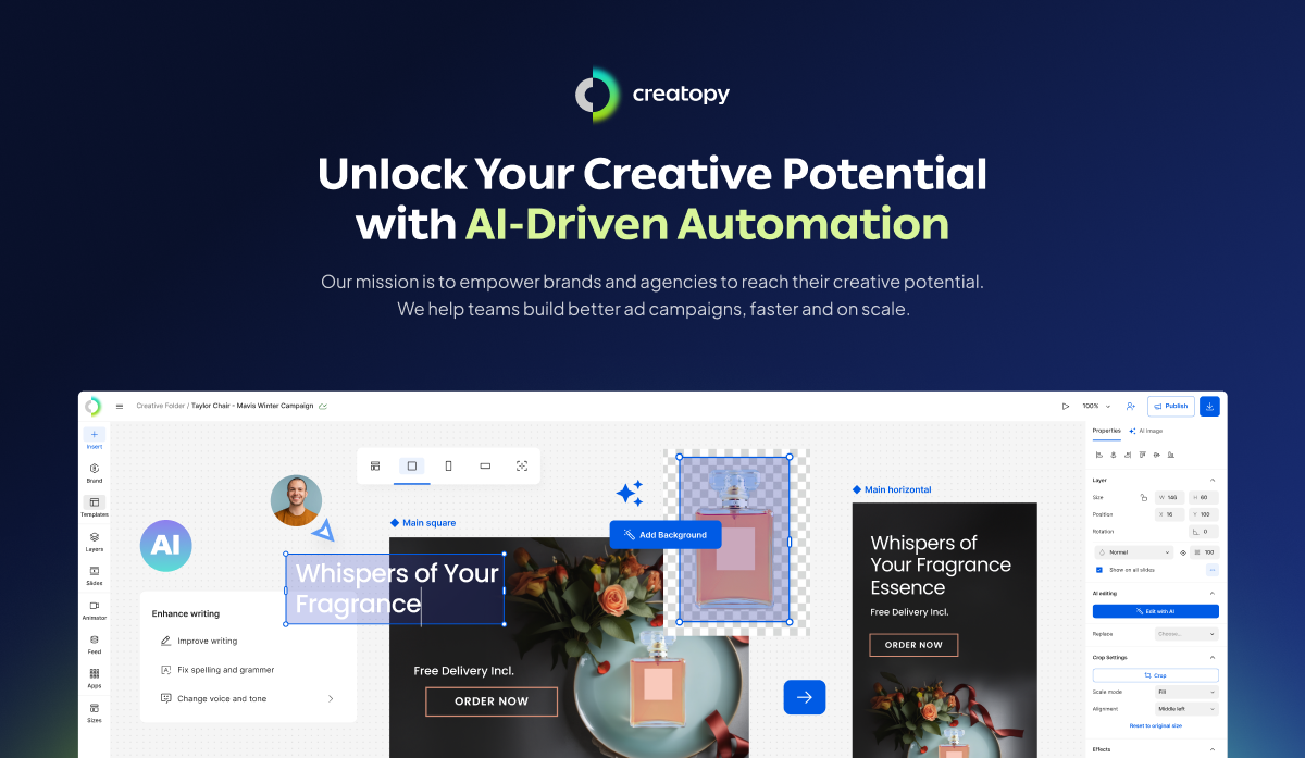 Creatopy's mission is to empower brands and agencies to reach their creative potential. By streamlining ad production, optimization, and delivery, we aim to inspire and enable marketers and designers to maximize their efficiency and achieve their goals.