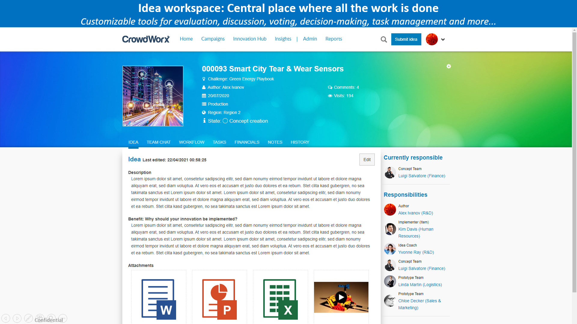 Idea Workspace: Central place where all the work gets done