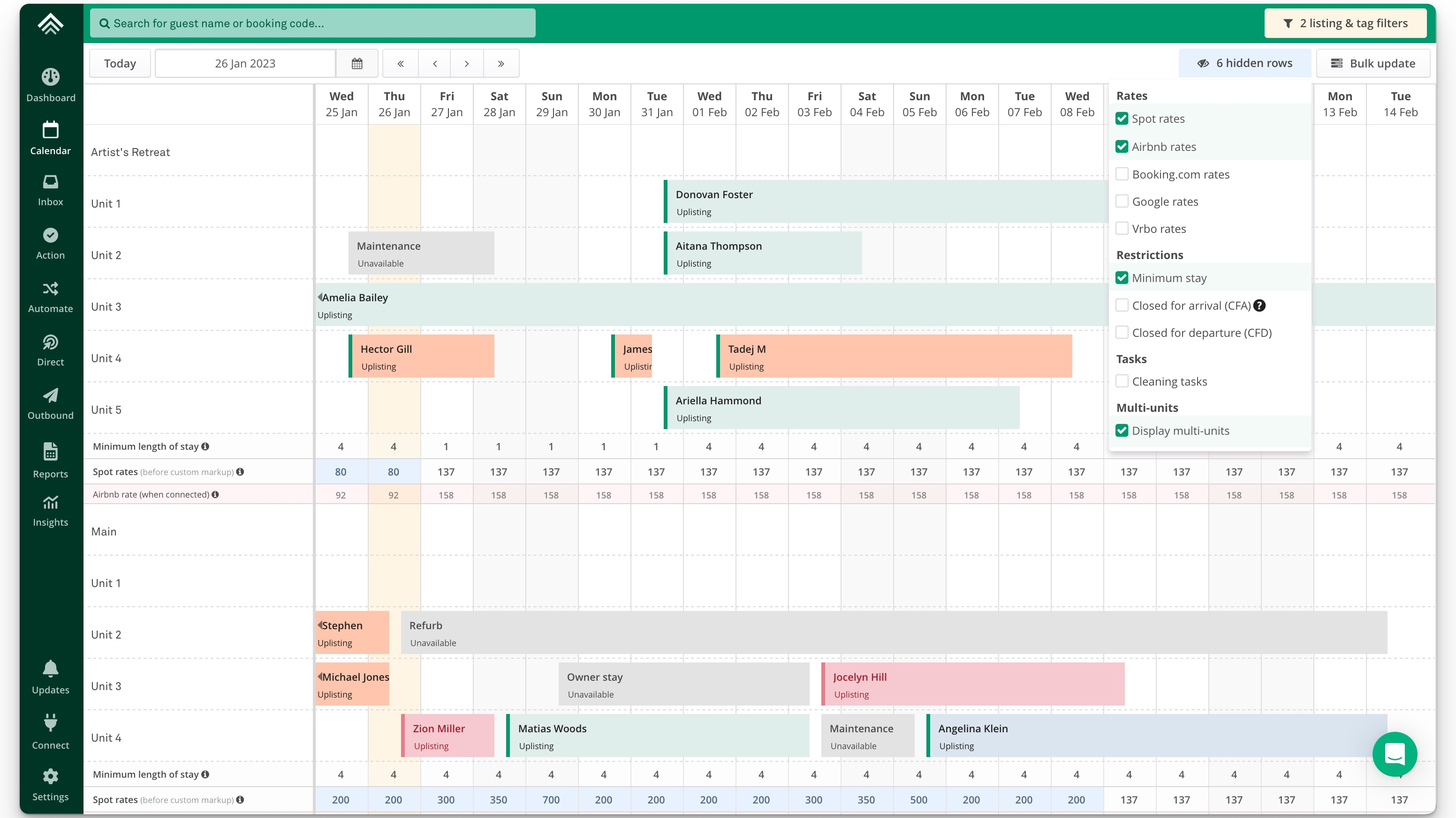 Calendar: Manage bookings, prices, availability and restrictions such as minimum stay and closed for arrival for all booking sites in one central calendar.
