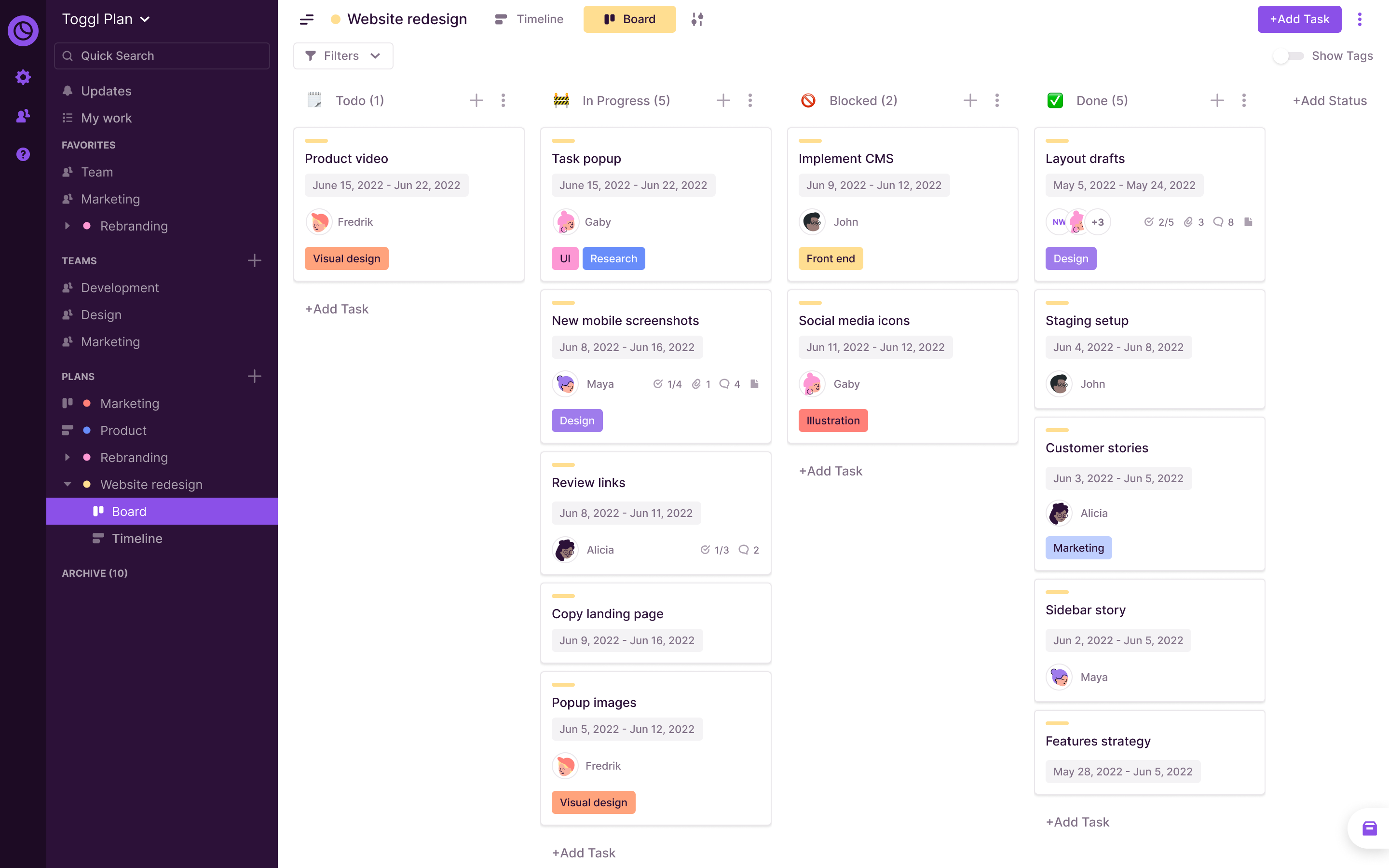 Toggl Plan - Plan Board with tasks