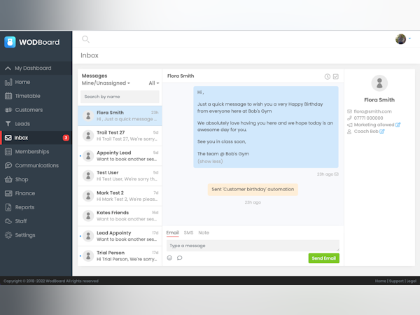 WodBoard Software - A CRM system to message customers automatically via email or SMS