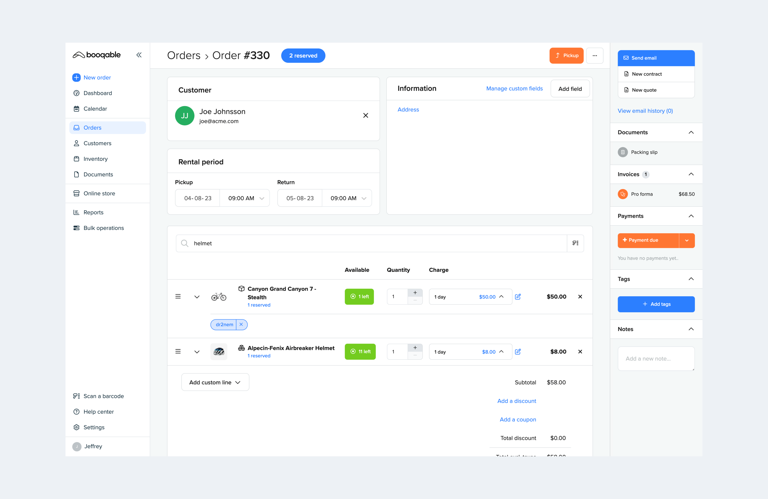 Create and manage orders with clear availability insights. Booqable prevents double bookings by auto-reserving products, which always keeps your inventory up-to-date.