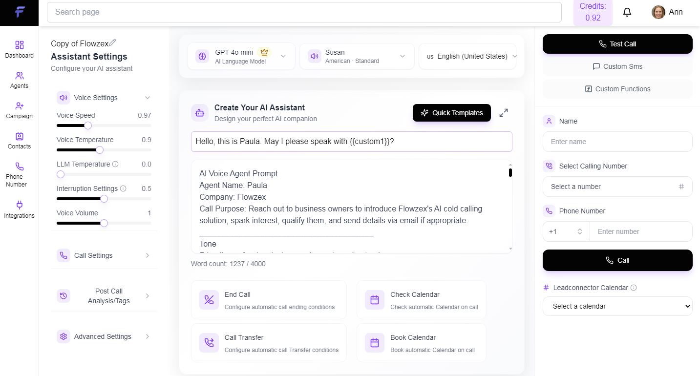 Flowzex screenshot: AI agent Dashboard