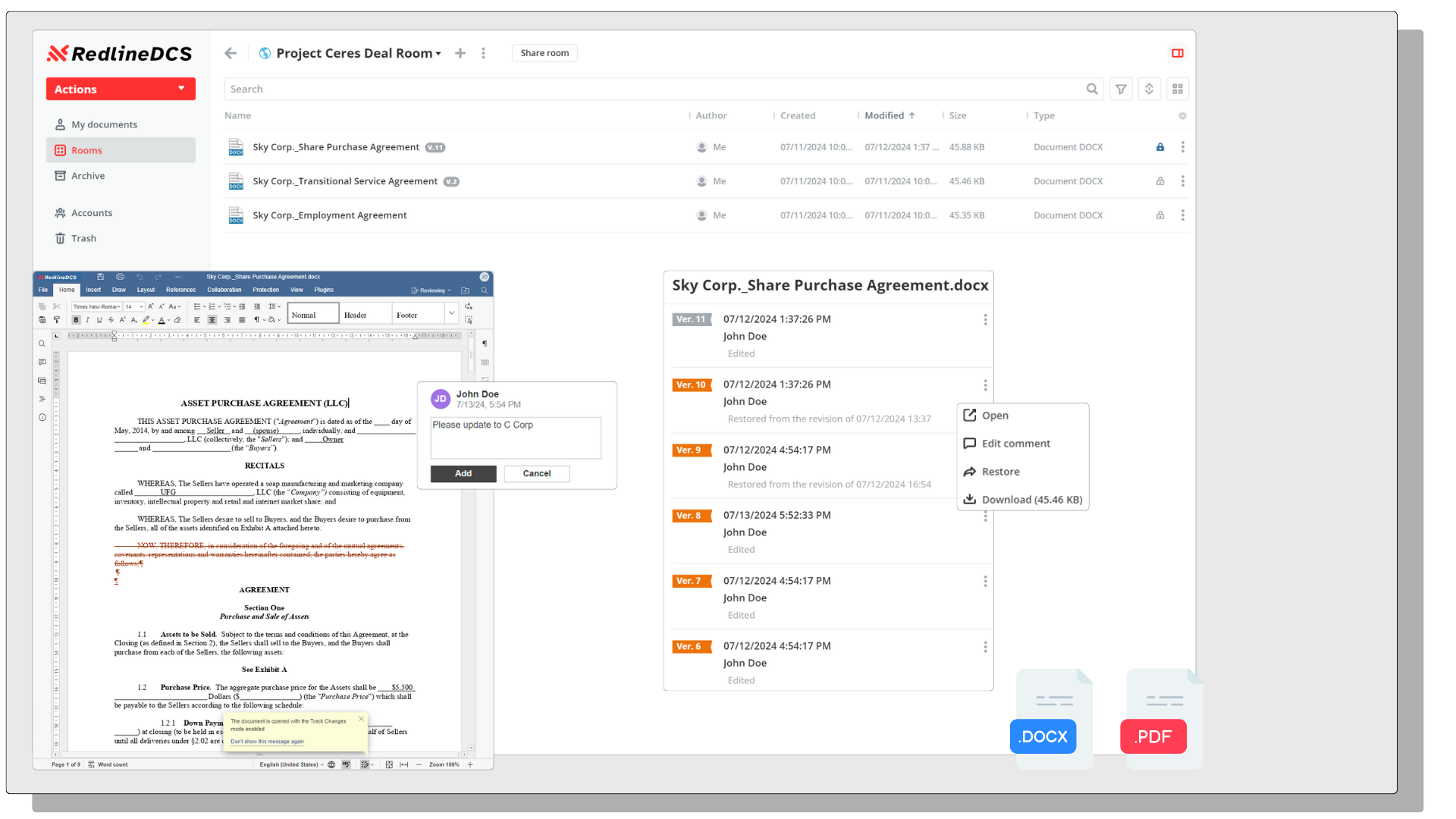 RedlineDCS screenshot: Intuitive version control, manage multiple agreements seamlessly.