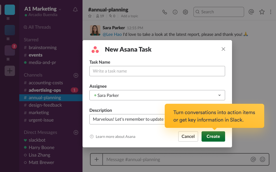 Slack Software - Create and assign tasks and action items