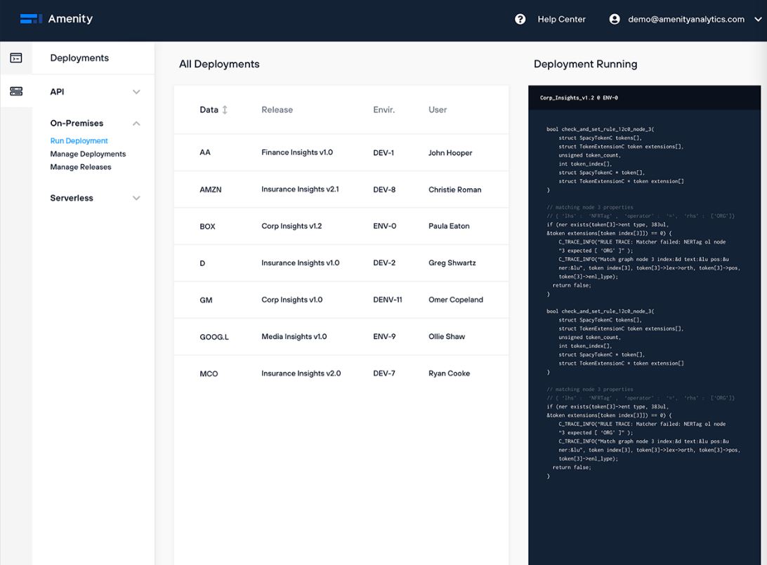 Amenity Analytics screenshot: Amenity Analytics deployments