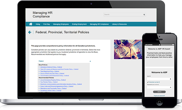 ADP HR Assist Software - Policy information for federal, provincial and territorial laws is stored, and users are notified of any updates