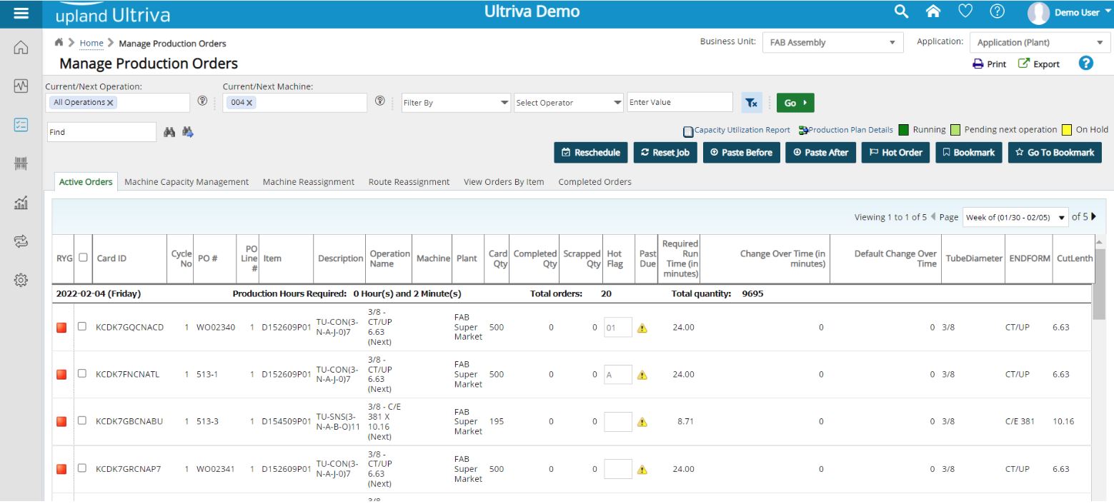 Upland Ultriva's Lean Factory Management provides production planners, schedulers, and supervisors with near real-time information on the status of every order.  A range of interactive rescheduling tools allows schedulers to take immediate action.