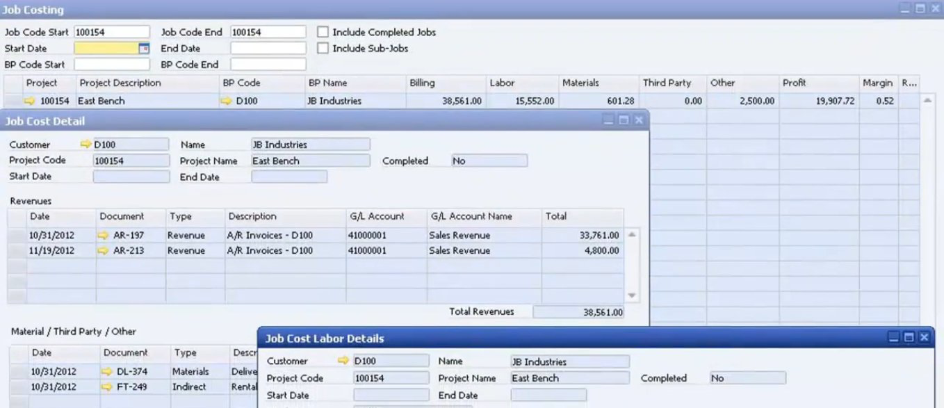 FieldVu screenshot: FieldVu job costing