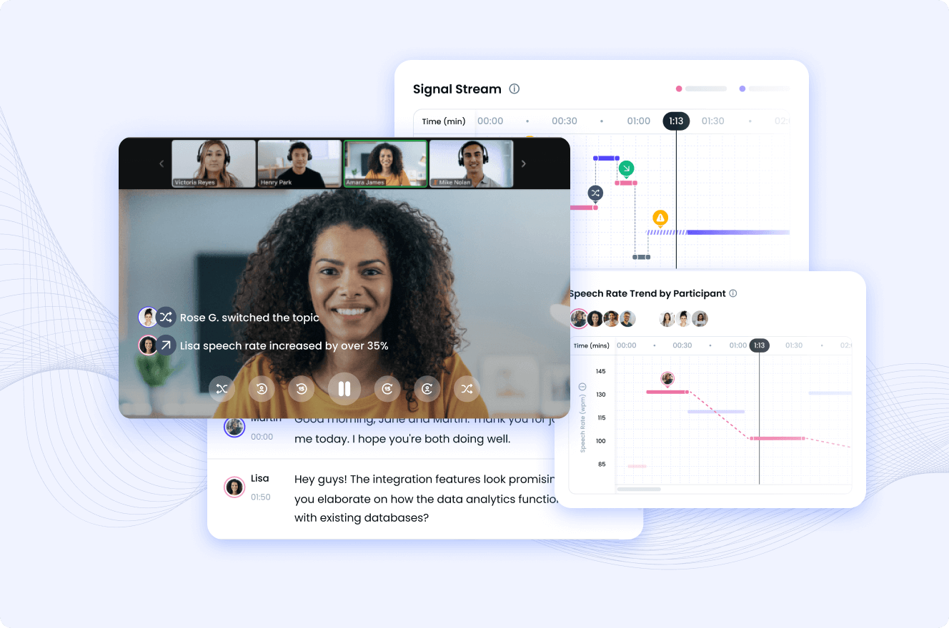 Substrata Q screenshot: SoundWave analyzes behavioral cues in your online meetings, empowering you to sell smarter and close deals faster. By examining speech patterns, pauses, interruptions, and turn dynamics, it uncovers prospects’ true attitudes and perceptio