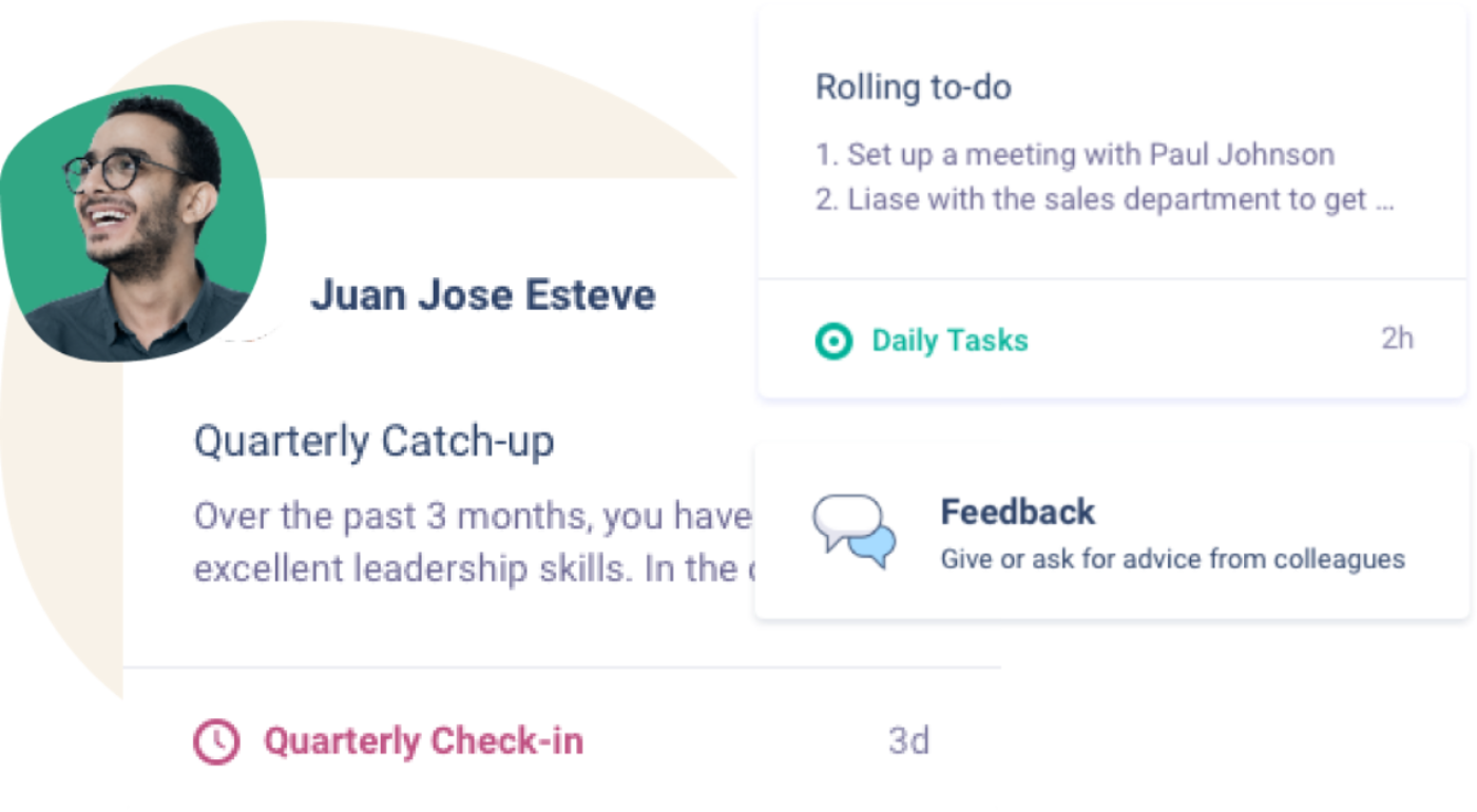 Drive more frequent, natural conversations by easily creating and capturing agenda items, progress updates, and discussion points between employees and managers, teams, and other working groups.