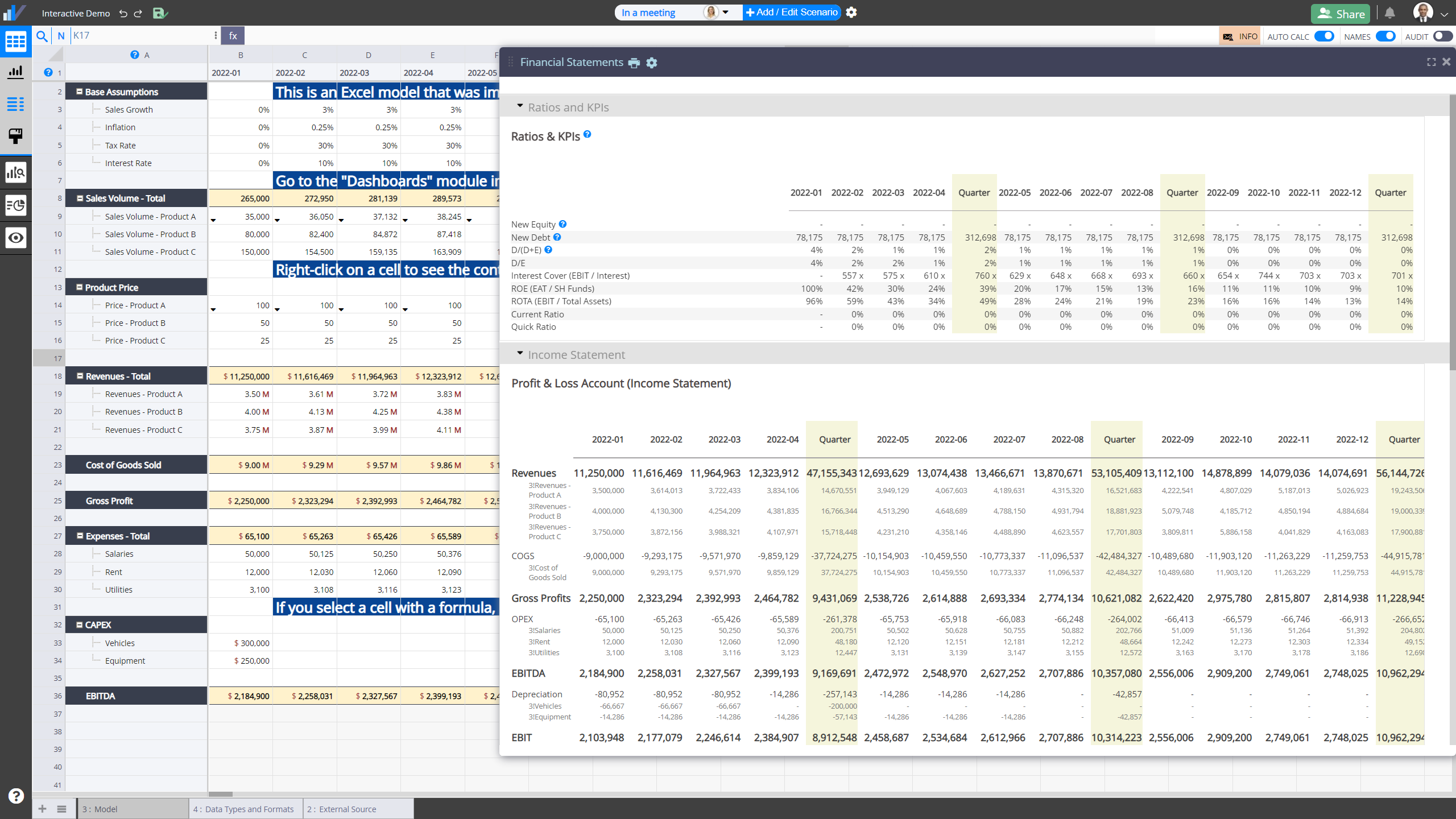 Select relevant rows and columns from your spreadsheet, and Visyond will transform your operating model into Balance Sheets, Income and Cash Flow Statements, ratios and KPIs for financial and management accounting.