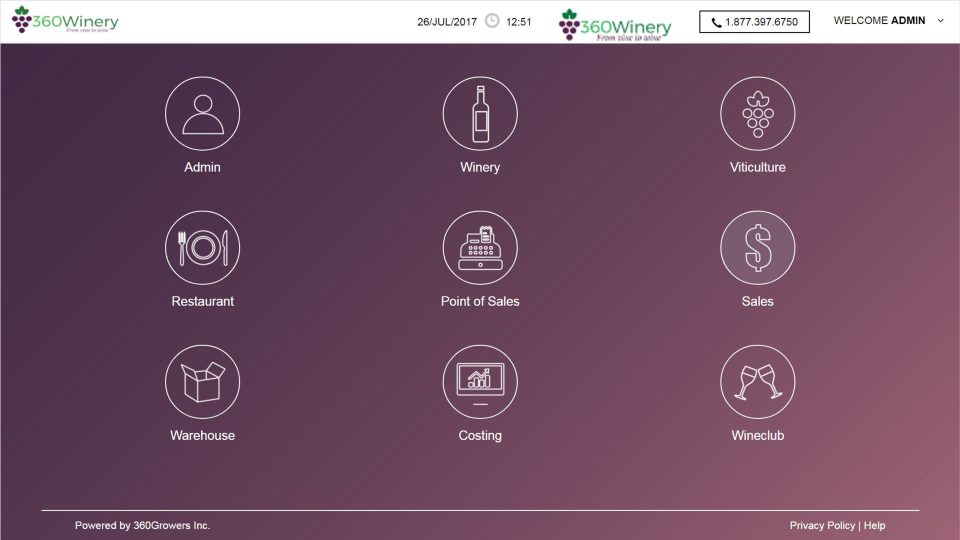 360Winery screenshot: A central dashboard hub provides direct access to every department within your operation.